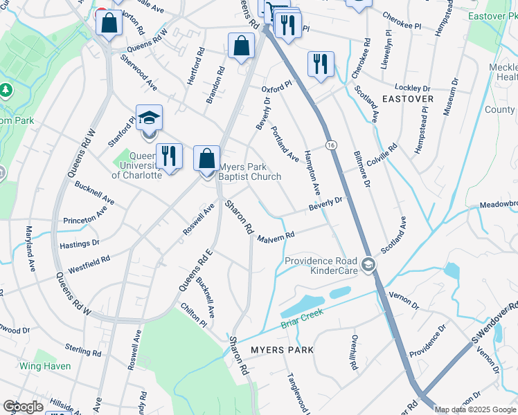 map of restaurants, bars, coffee shops, grocery stores, and more near 2024 Beverly Drive in Charlotte