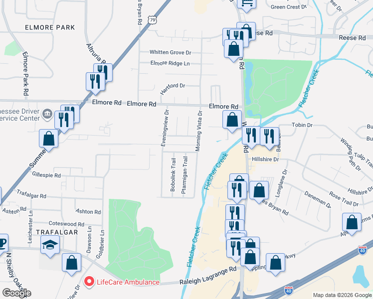 map of restaurants, bars, coffee shops, grocery stores, and more near 6664 Windflower Lane in Memphis