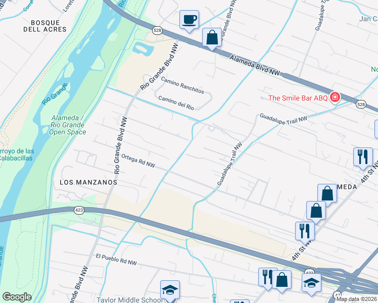 map of restaurants, bars, coffee shops, grocery stores, and more near 1035 Ortega Road Northwest in Los Ranchos de Albuquerque