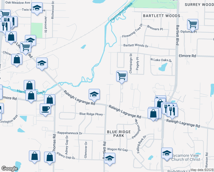 map of restaurants, bars, coffee shops, grocery stores, and more near 5507 Ginners Drive in Memphis