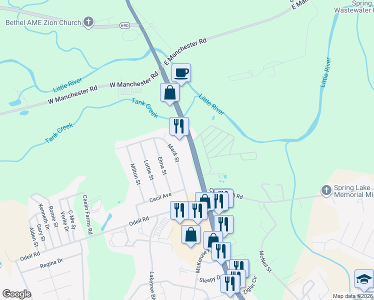 map of restaurants, bars, coffee shops, grocery stores, and more near 1413 North Bragg Boulevard in Spring Lake