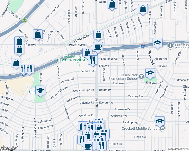 map of restaurants, bars, coffee shops, grocery stores, and more near 6000 Hanson Road in Amarillo