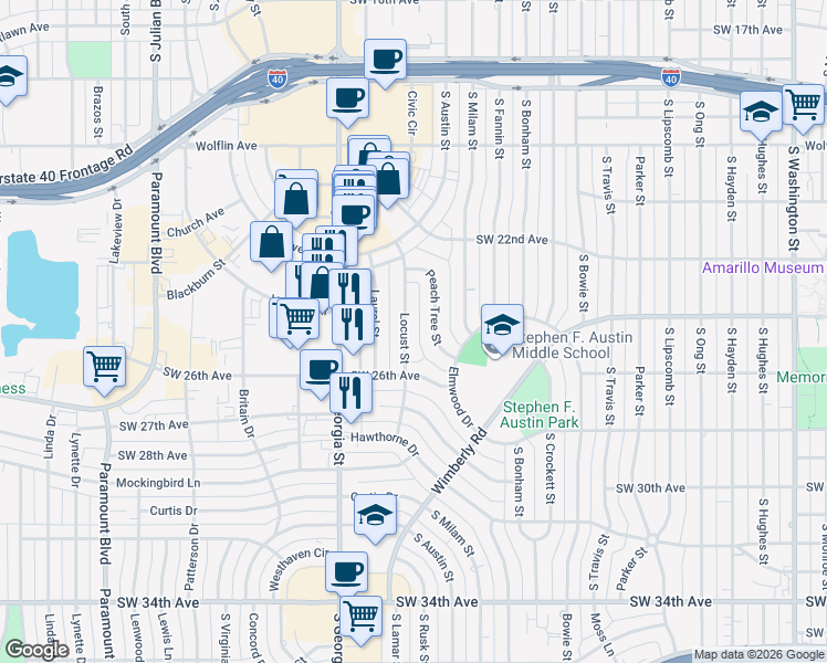 map of restaurants, bars, coffee shops, grocery stores, and more near 2231 Locust Street in Amarillo