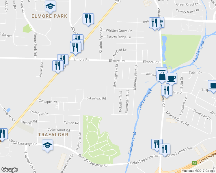 map of restaurants, bars, coffee shops, grocery stores, and more near 2260 Birken Drive in Memphis