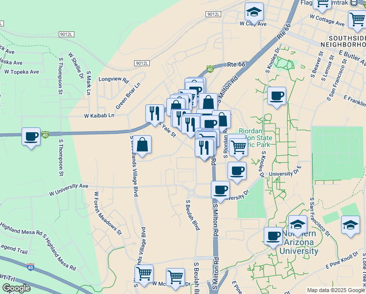map of restaurants, bars, coffee shops, grocery stores, and more near 1487 South Plaza Way in Flagstaff