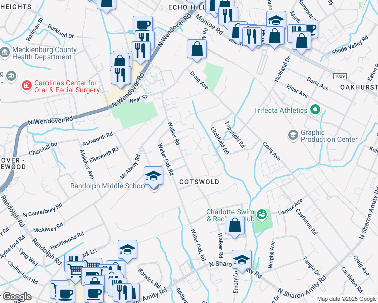 map of restaurants, bars, coffee shops, grocery stores, and more near 901 Richland Drive in Charlotte