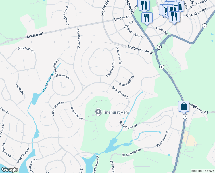 map of restaurants, bars, coffee shops, grocery stores, and more near 345 Saint Andrews Drive in Pinehurst
