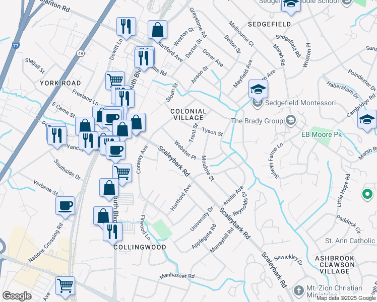 map of restaurants, bars, coffee shops, grocery stores, and more near 401 Webster Place in Charlotte