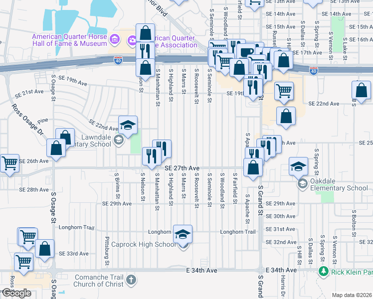 map of restaurants, bars, coffee shops, grocery stores, and more near 1955 South Marrs Street in Amarillo