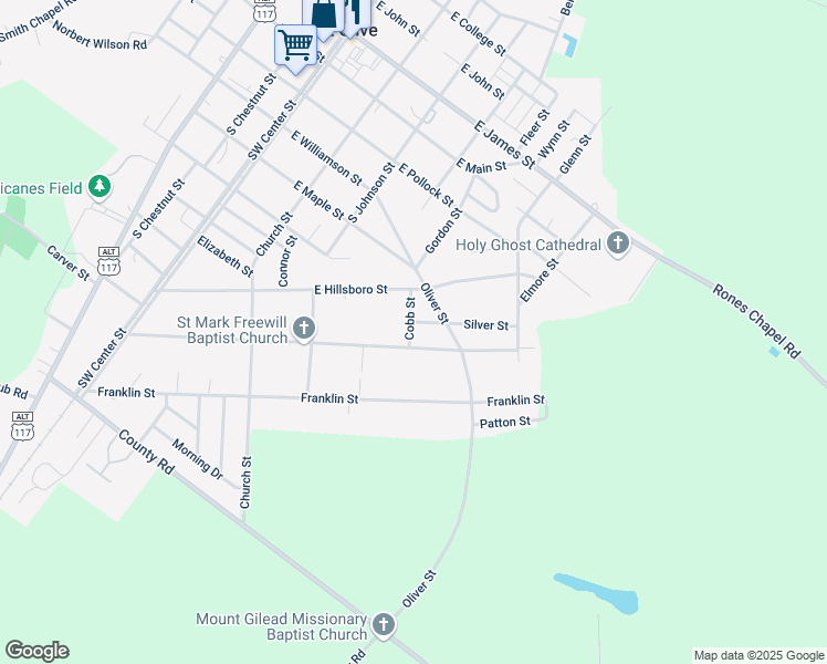 map of restaurants, bars, coffee shops, grocery stores, and more near 203 Cobb Street in Mount Olive