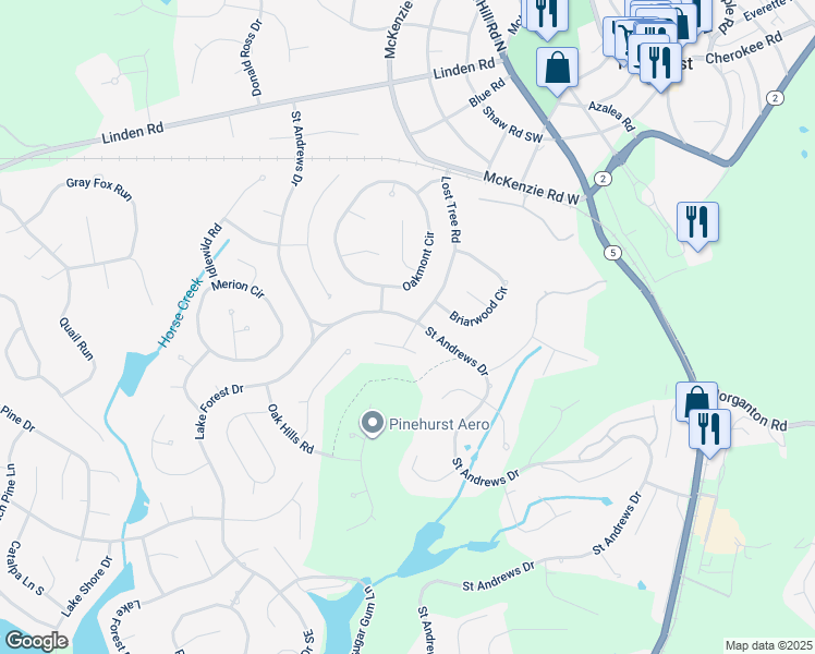 map of restaurants, bars, coffee shops, grocery stores, and more near 345 Saint Andrews Drive in Pinehurst