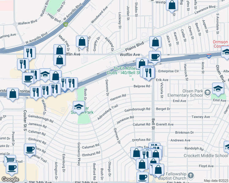 map of restaurants, bars, coffee shops, grocery stores, and more near 6125 Belpree Road in Amarillo