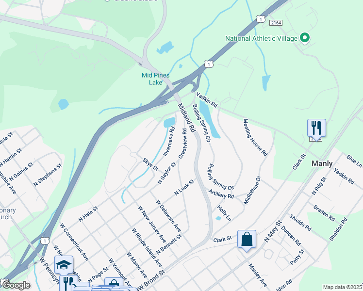 map of restaurants, bars, coffee shops, grocery stores, and more near 440 Crestview Road in Southern Pines