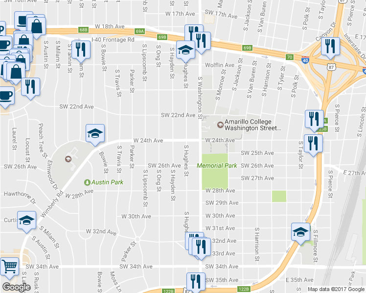 map of restaurants, bars, coffee shops, grocery stores, and more near 2404 South Hughes Street in Amarillo
