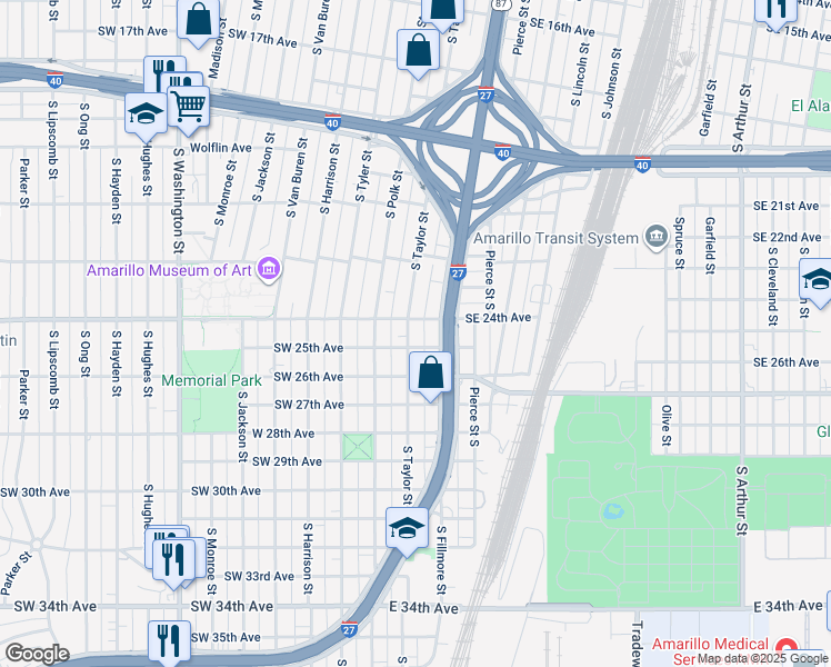 map of restaurants, bars, coffee shops, grocery stores, and more near 2405 South Taylor Street in Amarillo