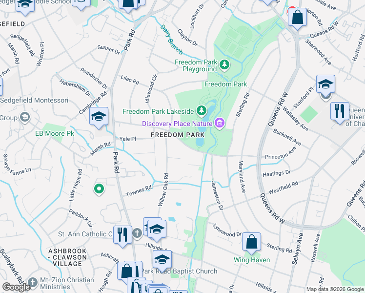 map of restaurants, bars, coffee shops, grocery stores, and more near 1500 Princeton Avenue in Charlotte