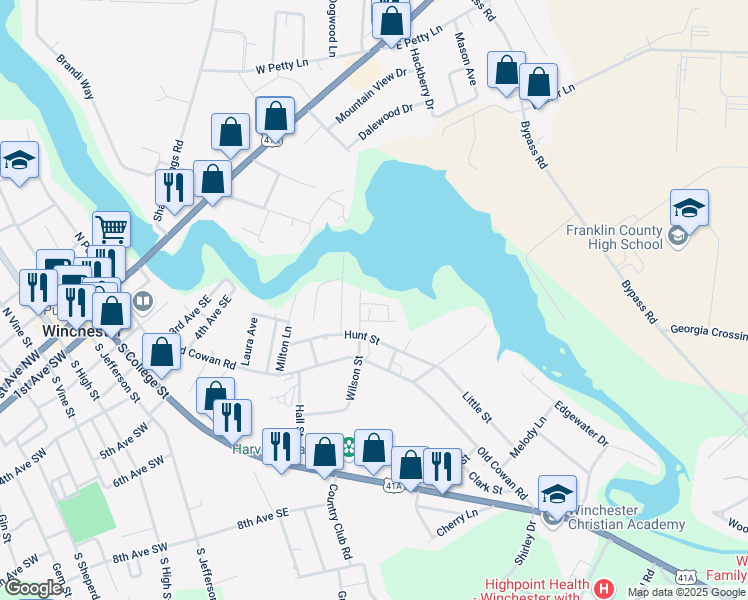 map of restaurants, bars, coffee shops, grocery stores, and more near 1003 Taylor Drive in Winchester