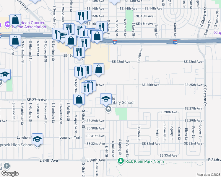 map of restaurants, bars, coffee shops, grocery stores, and more near 2500 South Spring Street in Amarillo