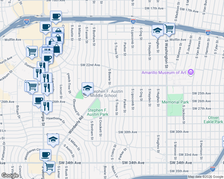 map of restaurants, bars, coffee shops, grocery stores, and more near 2402 South Travis Street in Amarillo