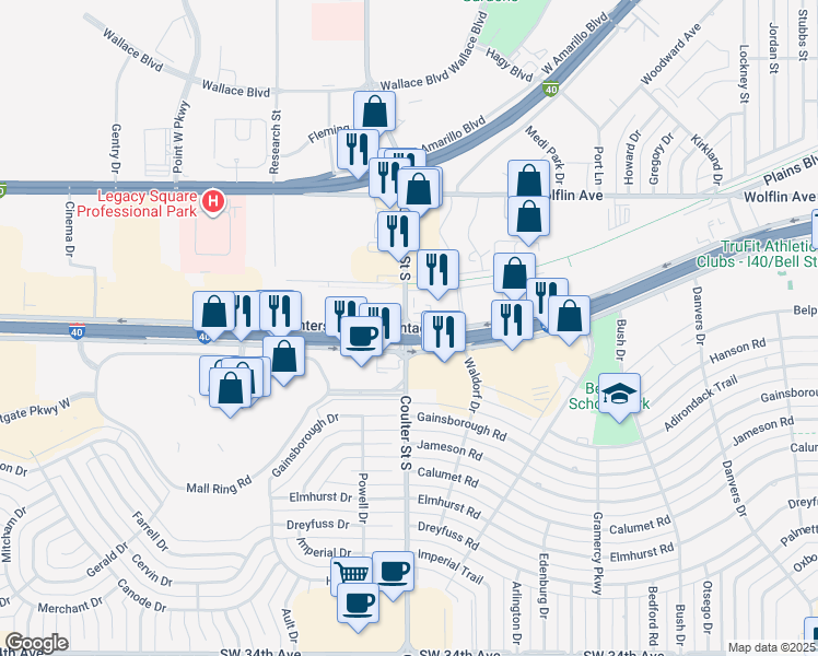 map of restaurants, bars, coffee shops, grocery stores, and more near 7300-7322 Interstate 40 Frontage Road in Amarillo