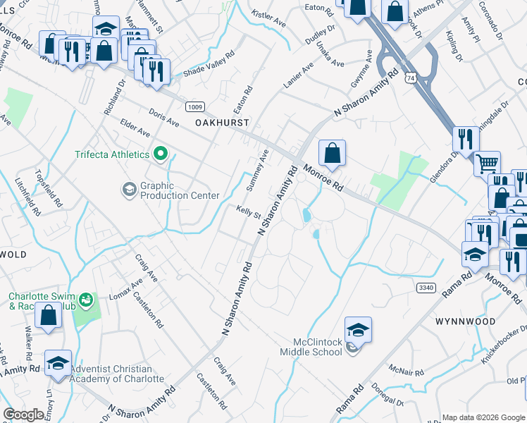 map of restaurants, bars, coffee shops, grocery stores, and more near 1901 North Sharon Amity Road in Charlotte