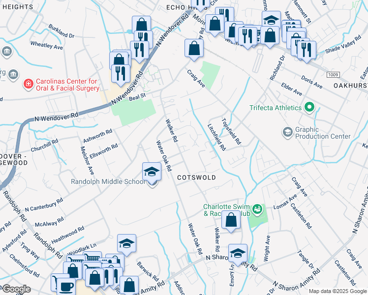 map of restaurants, bars, coffee shops, grocery stores, and more near 901 Richland Drive in Charlotte