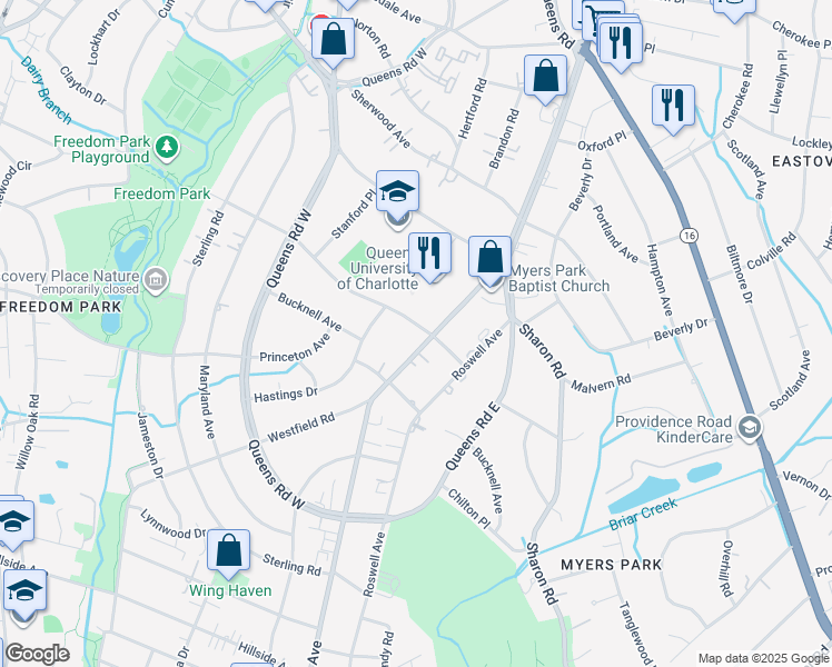 map of restaurants, bars, coffee shops, grocery stores, and more near 2328 Wellesley Avenue in Charlotte