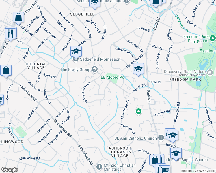 map of restaurants, bars, coffee shops, grocery stores, and more near 3800 Selwyn Farms Lane in Charlotte