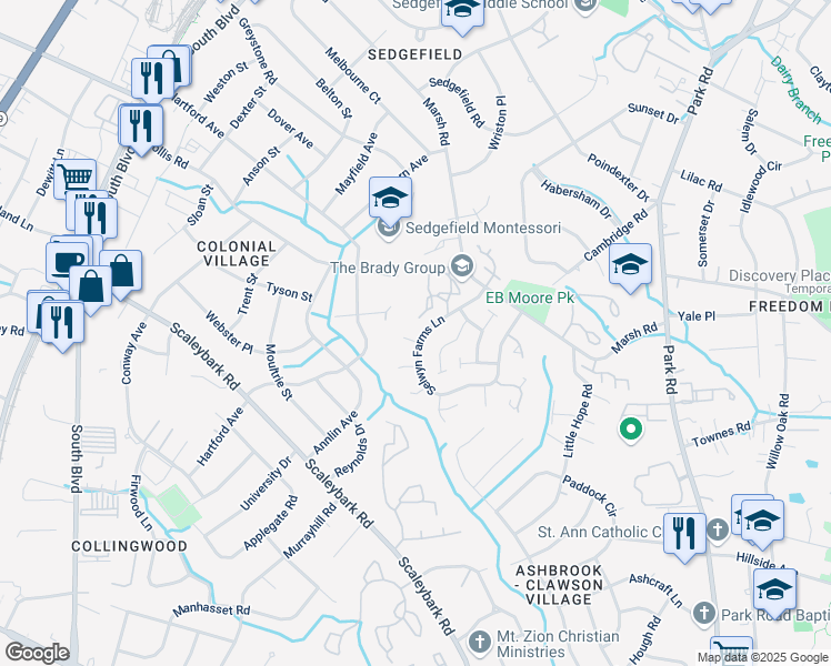 map of restaurants, bars, coffee shops, grocery stores, and more near 3325 Selwyn Farms Lane in Charlotte