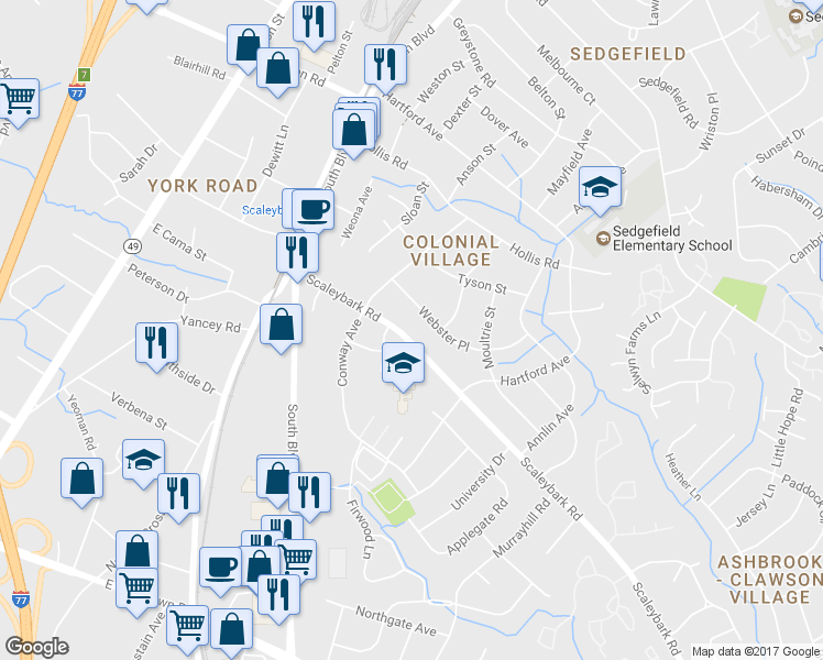 map of restaurants, bars, coffee shops, grocery stores, and more near 343 Scaleybark Road in Charlotte
