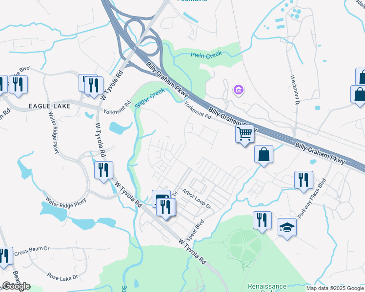 map of restaurants, bars, coffee shops, grocery stores, and more near 198 Hive Drive in Charlotte