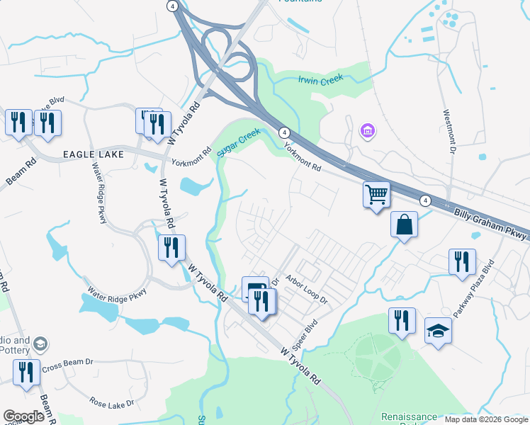 map of restaurants, bars, coffee shops, grocery stores, and more near 7021 Bryce Avenue in Charlotte