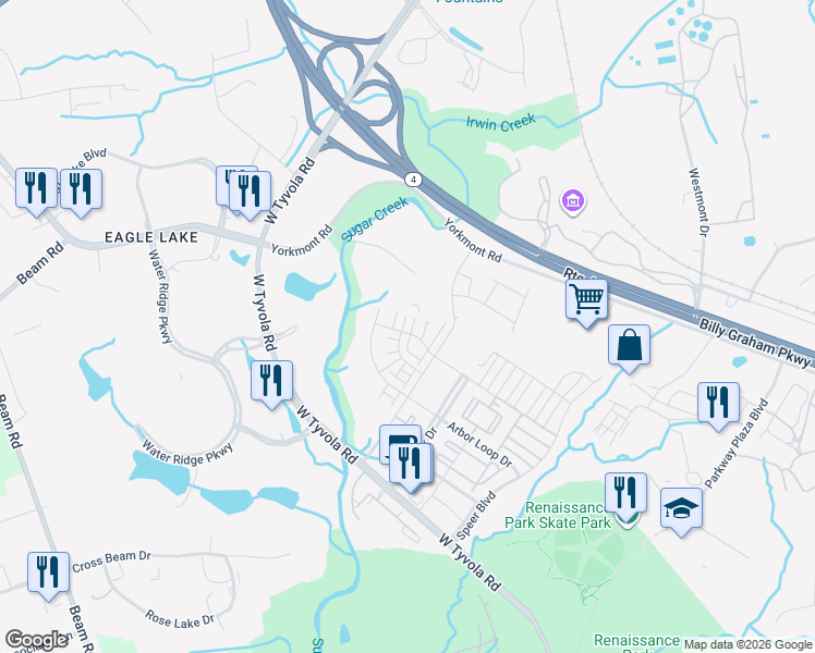 map of restaurants, bars, coffee shops, grocery stores, and more near 2800 Coliseum Centre Drive in Charlotte