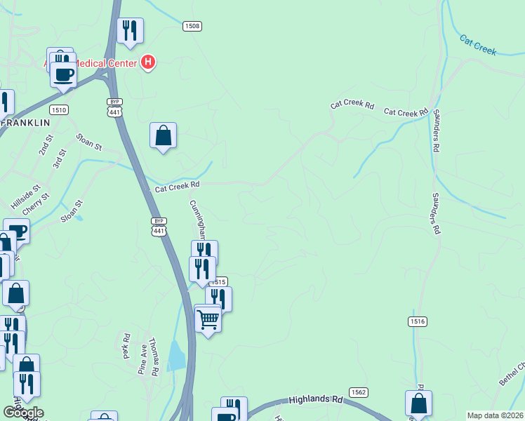 map of restaurants, bars, coffee shops, grocery stores, and more near 134 Cat Creek Ridge Estates in Franklin