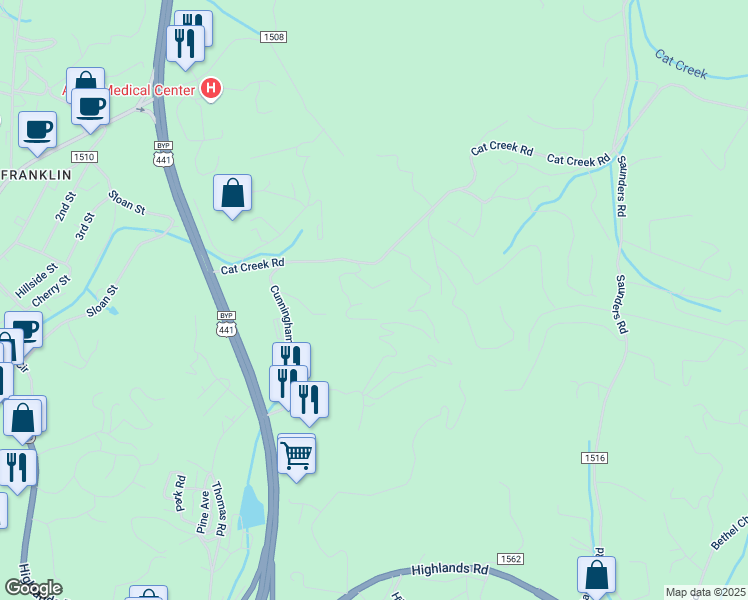map of restaurants, bars, coffee shops, grocery stores, and more near 134 Cat Creek Ridge Estates in Franklin