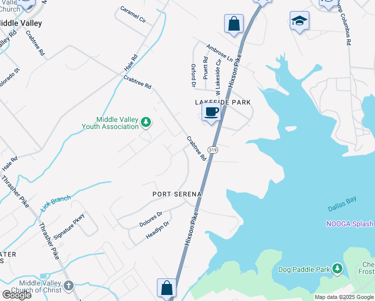 map of restaurants, bars, coffee shops, grocery stores, and more near 346 Serena Drive in Middle Valley