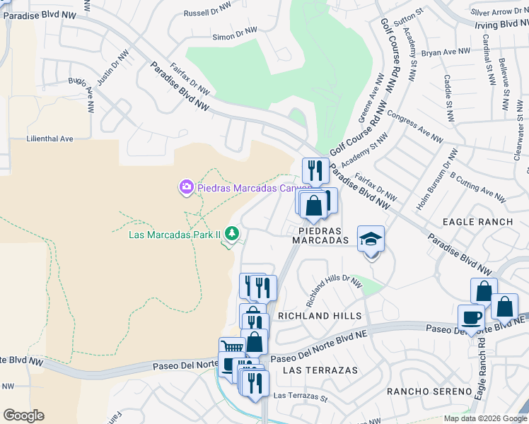 map of restaurants, bars, coffee shops, grocery stores, and more near 4925 Yvonne Marie Place in Albuquerque