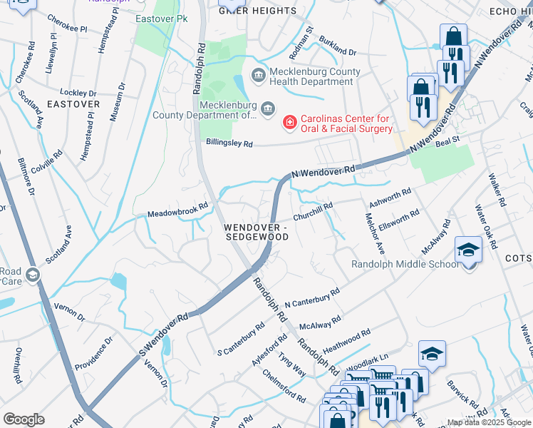 map of restaurants, bars, coffee shops, grocery stores, and more near 3727 Churchill Road in Charlotte
