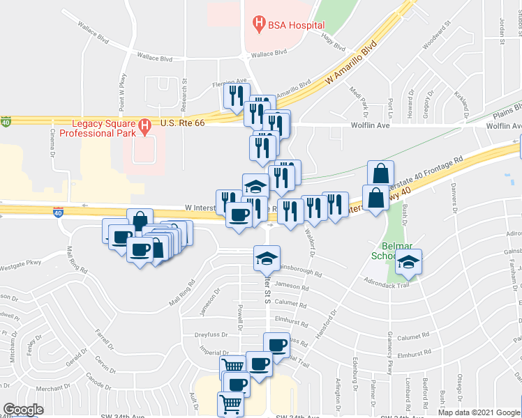 map of restaurants, bars, coffee shops, grocery stores, and more near 7322 Interstate 40 Frontage Road in Amarillo