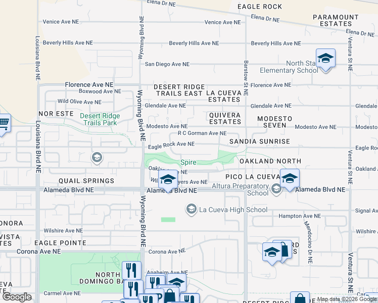 map of restaurants, bars, coffee shops, grocery stores, and more near 7817 Morris Rippel Place Northeast in Albuquerque