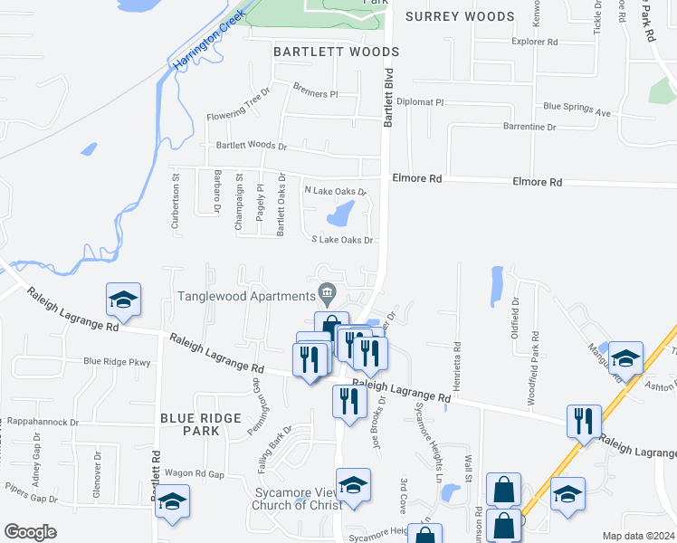 map of restaurants, bars, coffee shops, grocery stores, and more near 5768 Silvercreek Dr N in Memphis