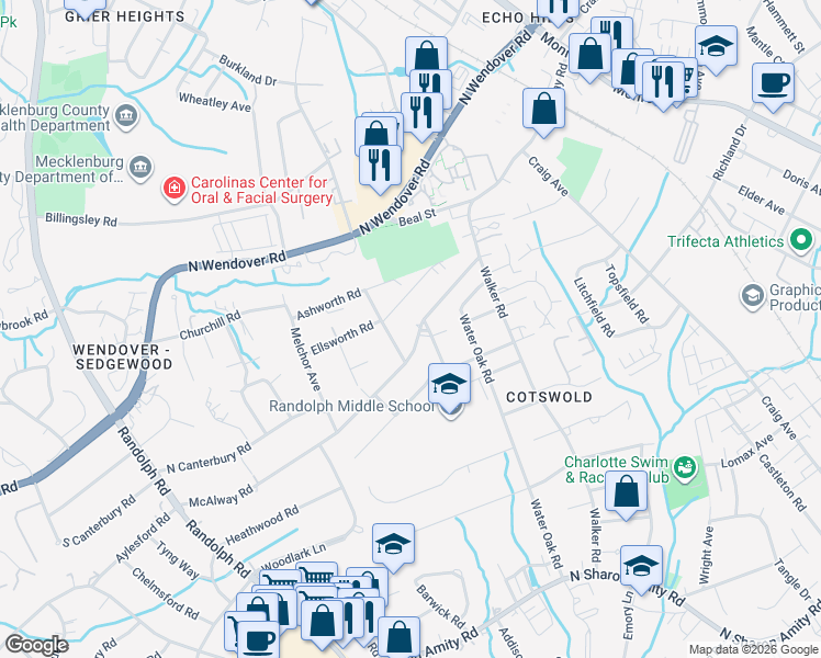 map of restaurants, bars, coffee shops, grocery stores, and more near 627 McAlway Road in Charlotte