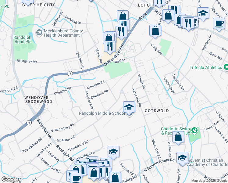 map of restaurants, bars, coffee shops, grocery stores, and more near 627 McAlway Road in Charlotte