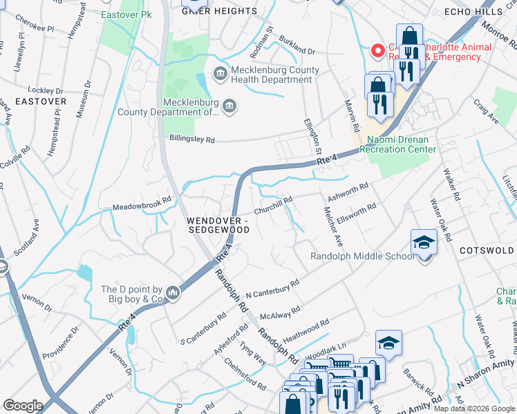 map of restaurants, bars, coffee shops, grocery stores, and more near 306 Wendover Hill Ct in Charlotte