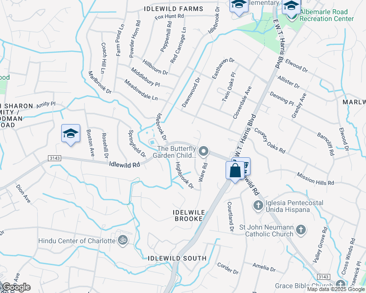 map of restaurants, bars, coffee shops, grocery stores, and more near 7616 Idlewild Road in Charlotte