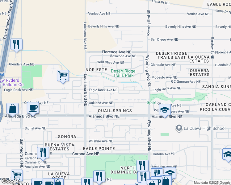 map of restaurants, bars, coffee shops, grocery stores, and more near 9016 Lazy Brook Court Northeast in Albuquerque