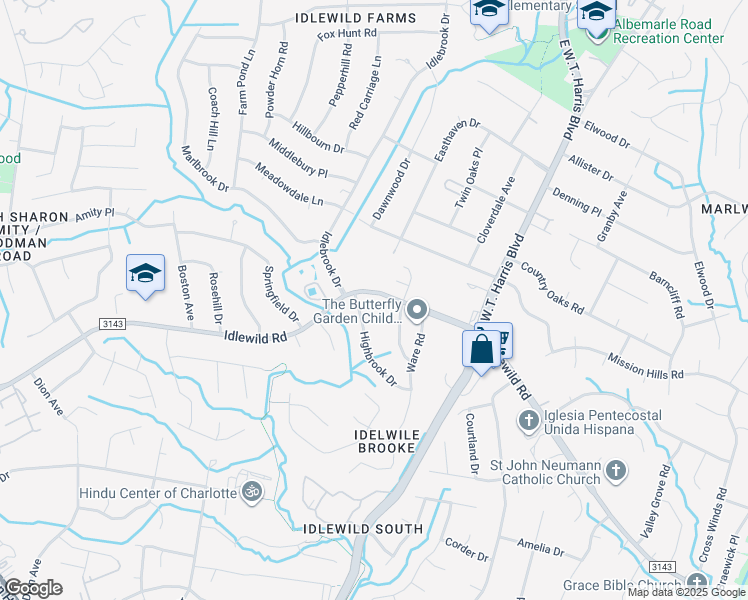 map of restaurants, bars, coffee shops, grocery stores, and more near 7616 Idlewild Road in Charlotte