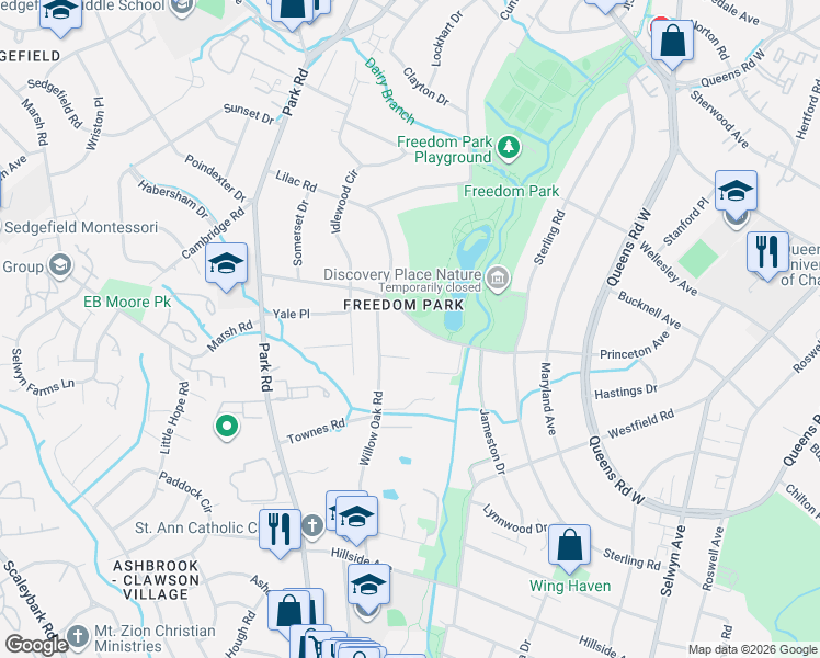 map of restaurants, bars, coffee shops, grocery stores, and more near 1438 Princeton Avenue in Charlotte