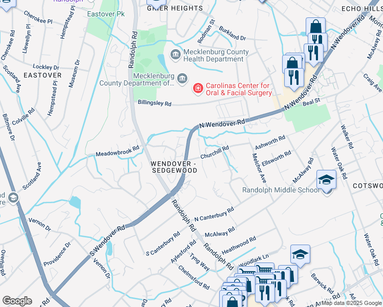 map of restaurants, bars, coffee shops, grocery stores, and more near 3727 Churchill Road in Charlotte