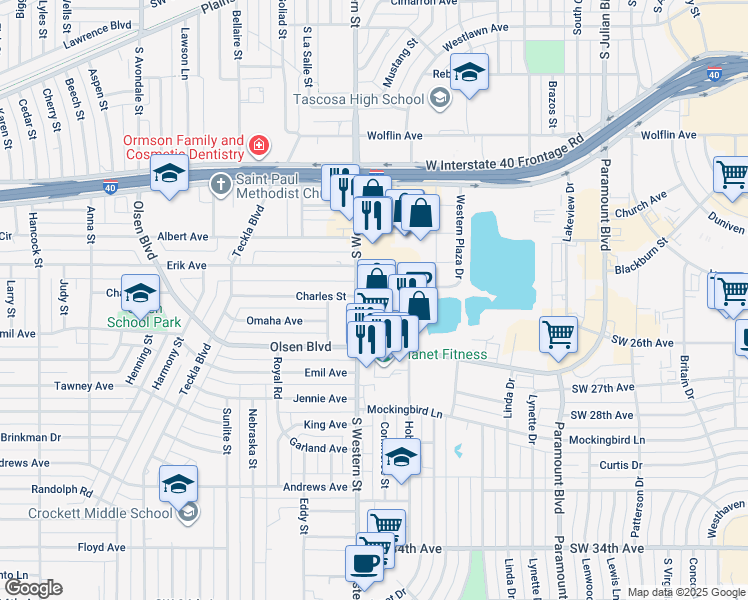 map of restaurants, bars, coffee shops, grocery stores, and more near 2400 Commerce Street in Amarillo